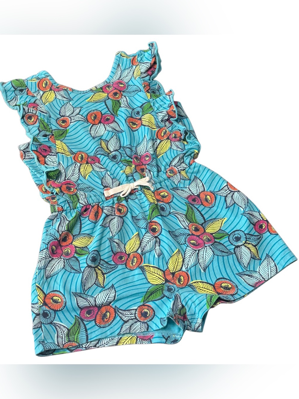 Tea Collection Girls Flutter Sleeve Floral Romper Sz 8 Elastic Waist Tie